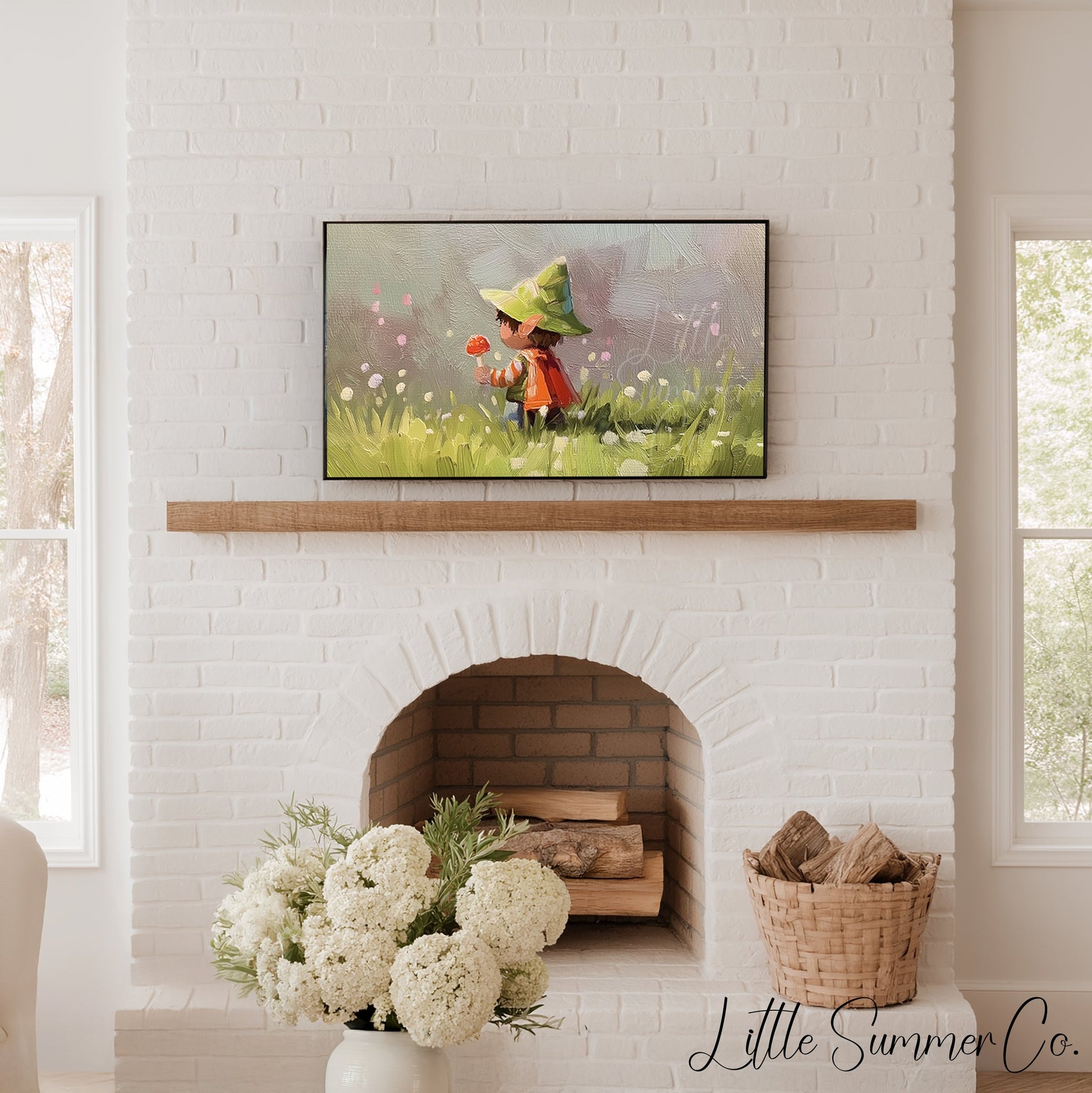 Woodland Child with Mushroom Frame TV Art displayed on a TV