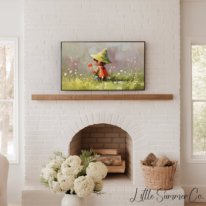 Woodland Child with Mushroom Frame TV Art displayed on a TV