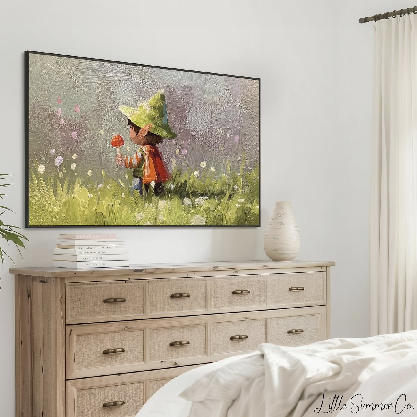 Woodland Child with Mushroom Frame TV Art displayed on a TV