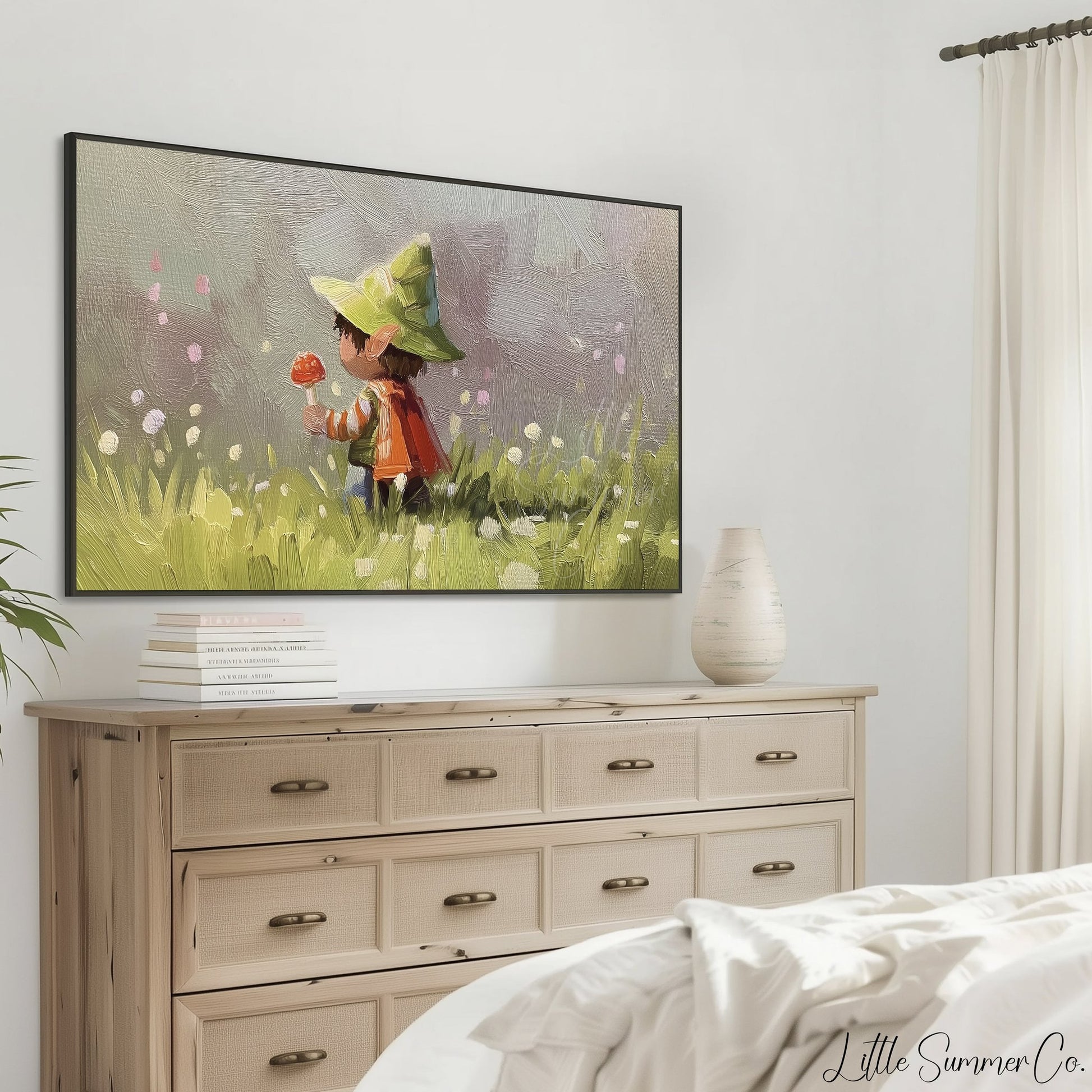 Woodland Child with Mushroom Frame TV Art displayed on a TV