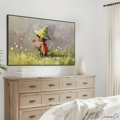Woodland Child with Mushroom Frame TV Art displayed on a TV