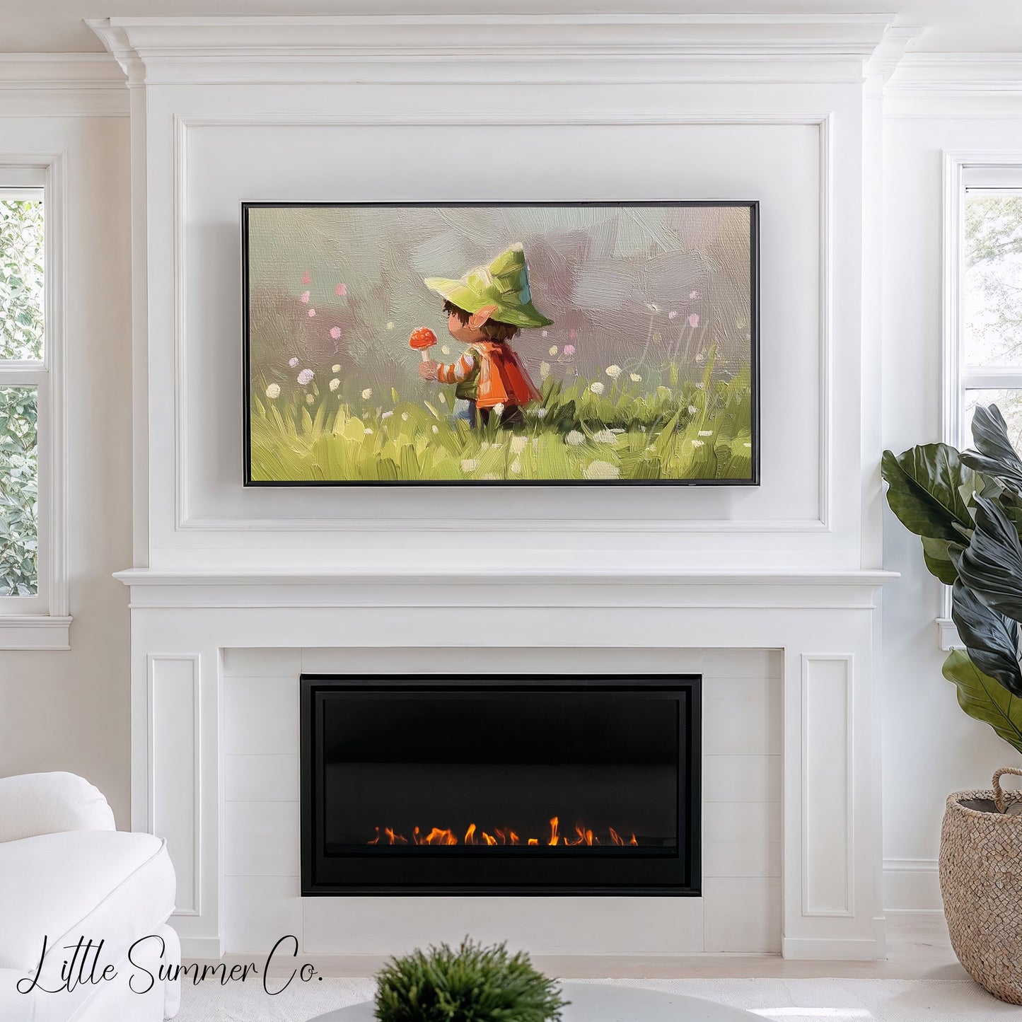 Woodland Child with Mushroom Frame TV Art displayed on a TV