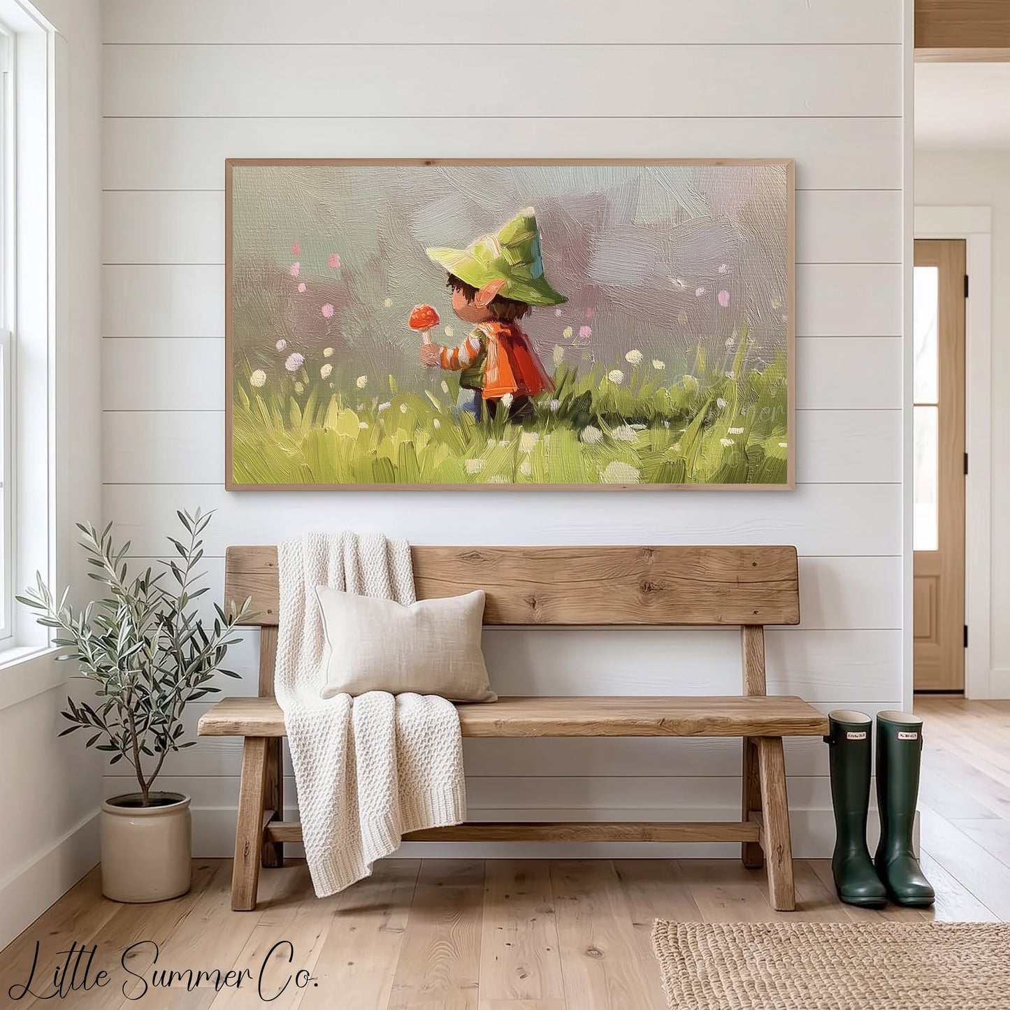Woodland Child with Mushroom Frame TV Art displayed on a TV