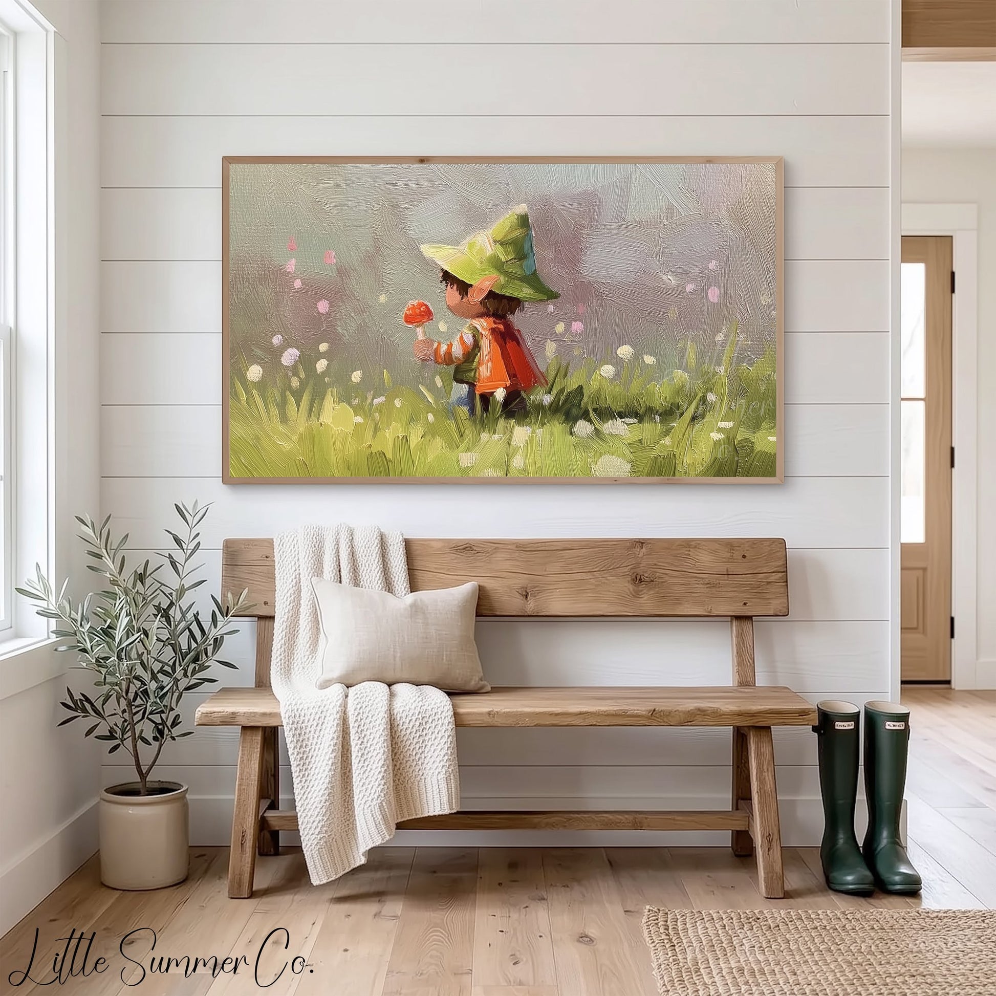 Woodland Child with Mushroom Frame TV Art displayed on a TV