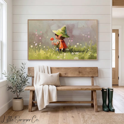 Woodland Child with Mushroom Frame TV Art displayed on a TV