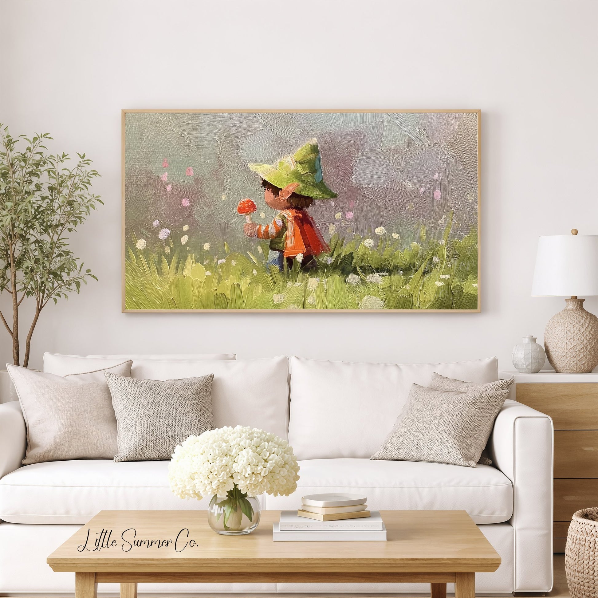 Woodland Child with Mushroom Frame TV Art displayed on a TV