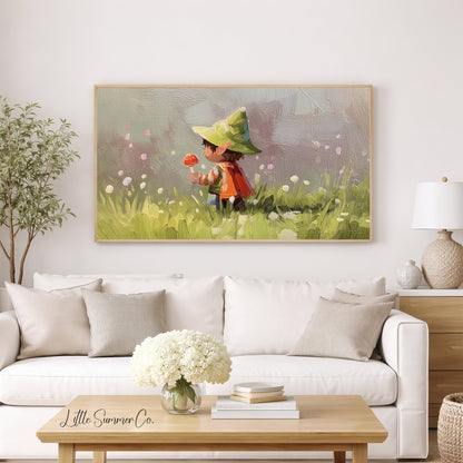 Woodland Child with Mushroom Frame TV Art displayed on a TV