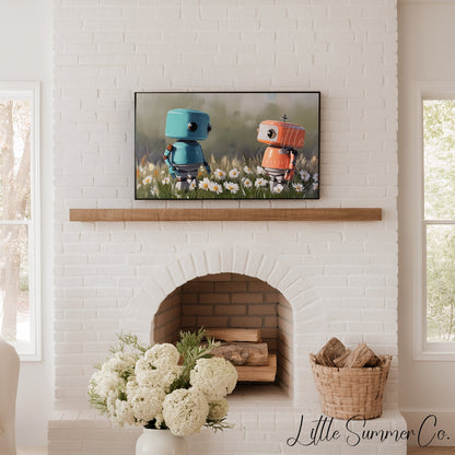 Two Little Robots Frame TV Art displayed on a TV