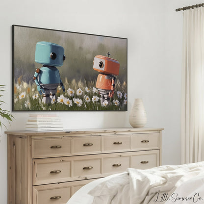 Two Little Robots Frame TV Art displayed on a TV