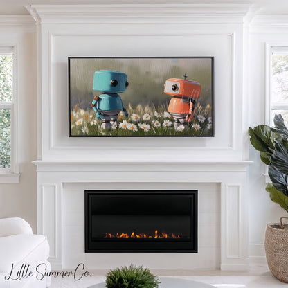 Two Little Robots Frame TV Art displayed on a TV