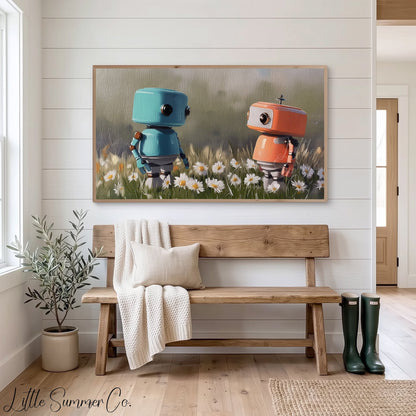 Two Little Robots Frame TV Art displayed on a TV