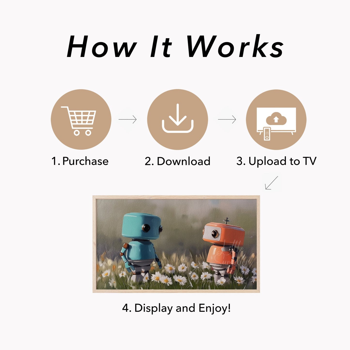 Two Little Robots Frame TV Art displayed on a TV