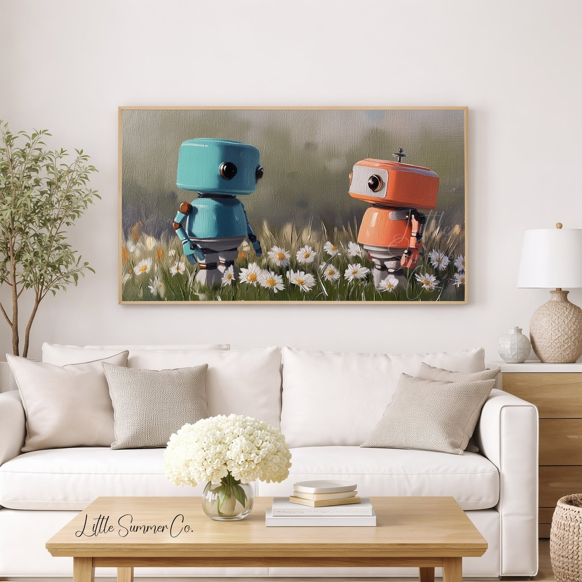 Two Little Robots Frame TV Art displayed on a TV