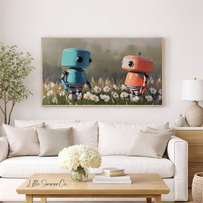 Two Little Robots Frame TV Art displayed on a TV