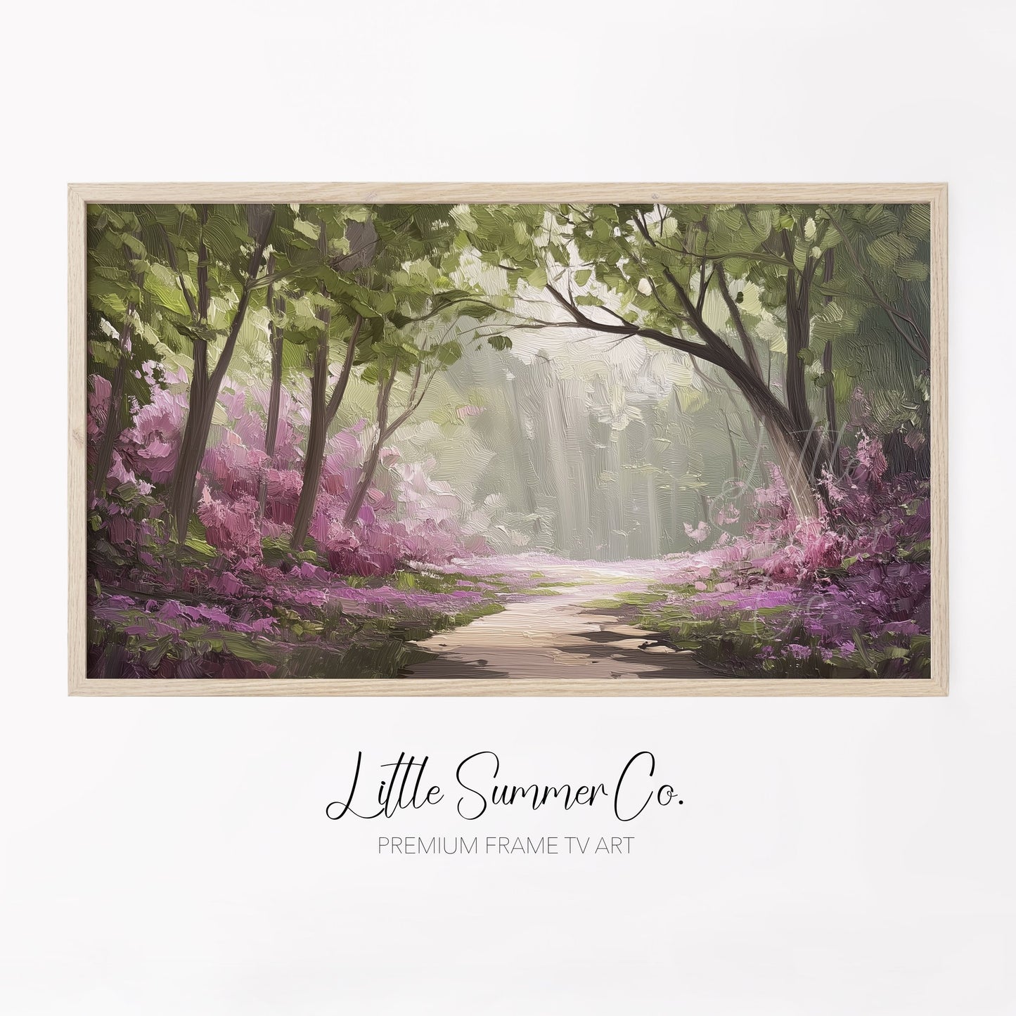 Flowering Forest Path Frame TV Art displayed on a TV