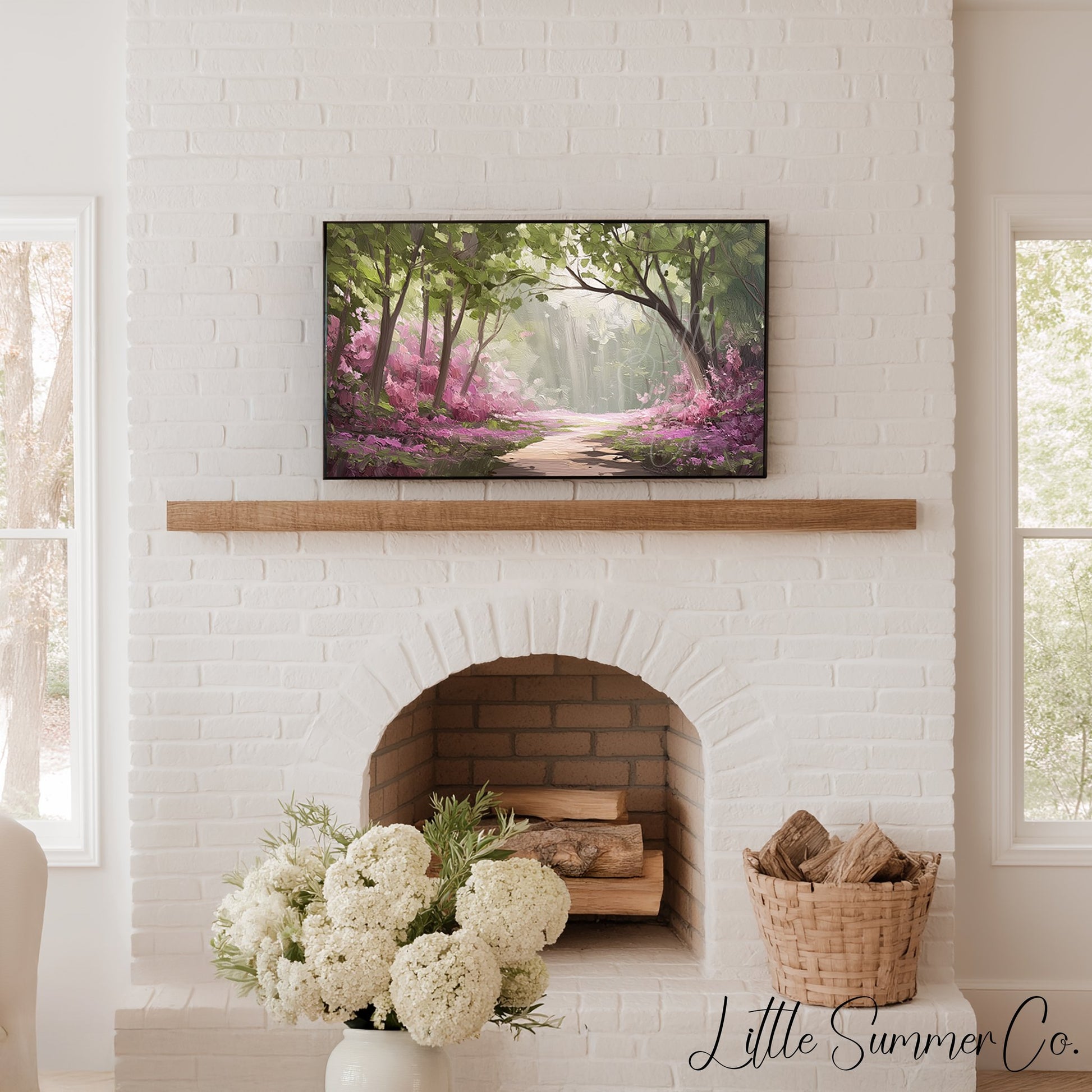 Flowering Forest Path Frame TV Art displayed on a TV