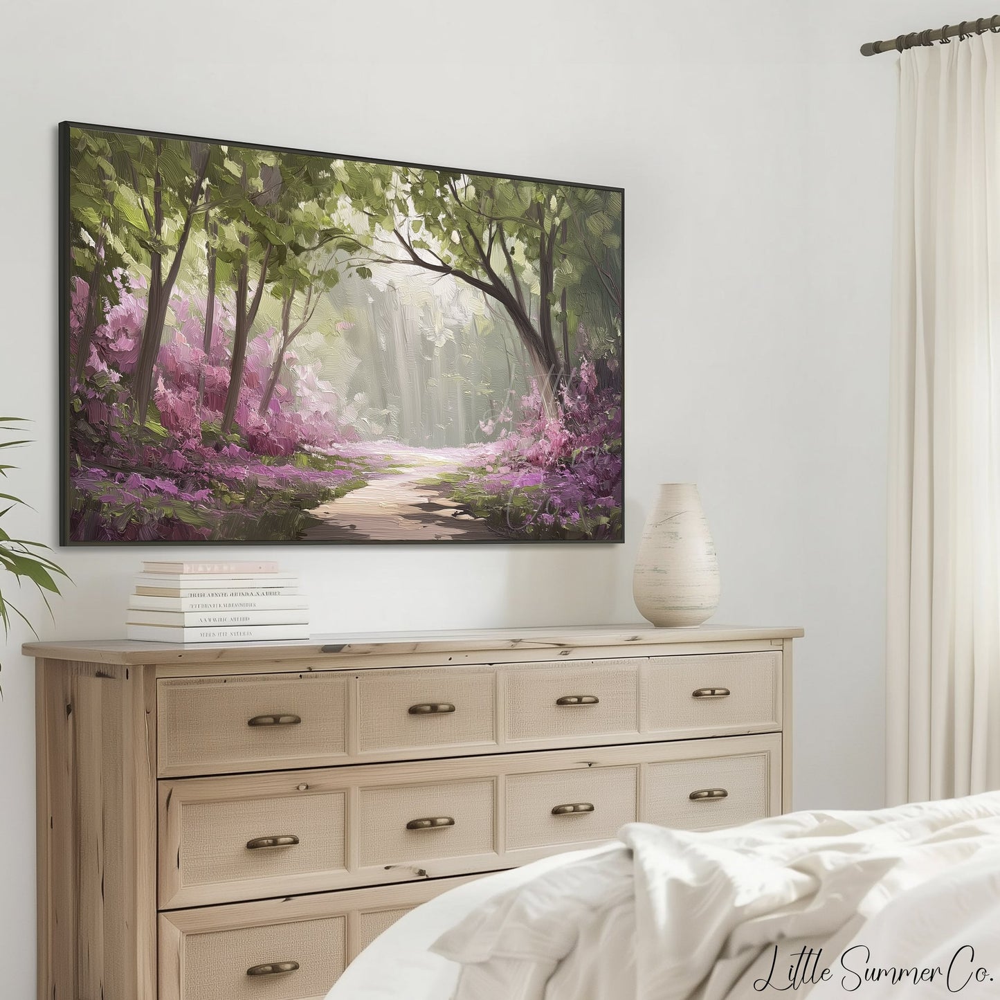 Flowering Forest Path Frame TV Art displayed on a TV