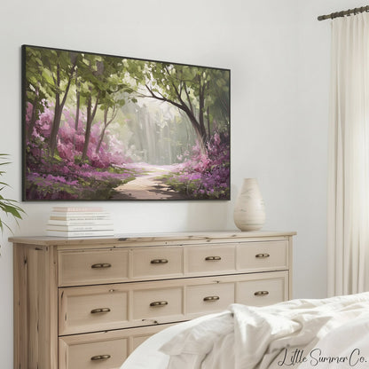 Flowering Forest Path Frame TV Art displayed on a TV