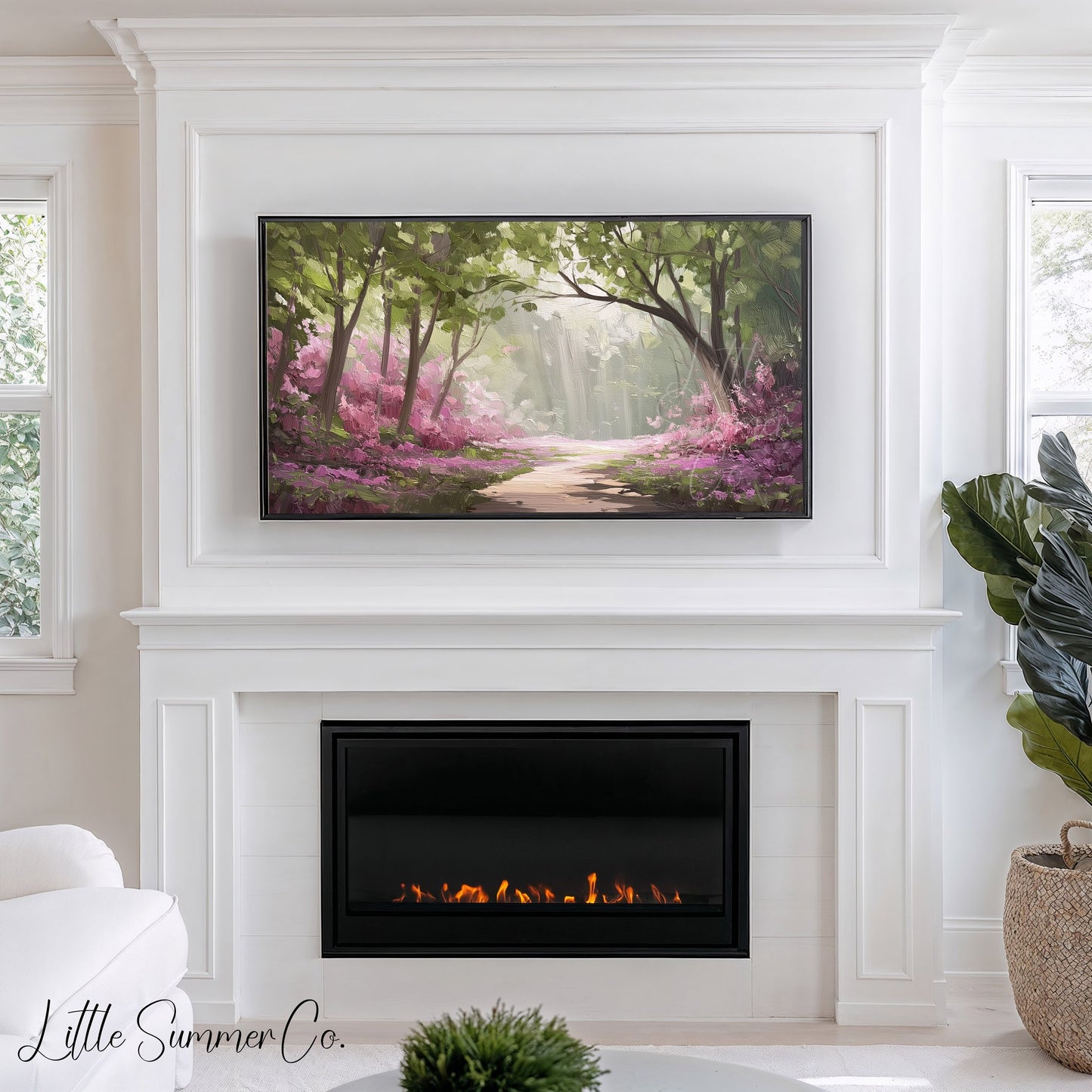 Flowering Forest Path Frame TV Art displayed on a TV