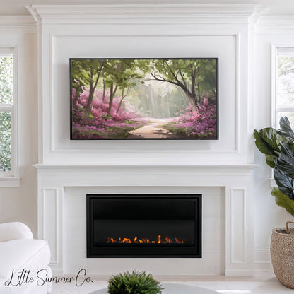 Flowering Forest Path Frame TV Art displayed on a TV