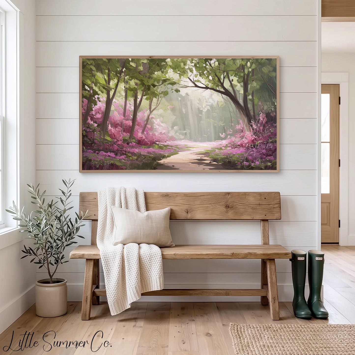 Flowering Forest Path Frame TV Art displayed on a TV
