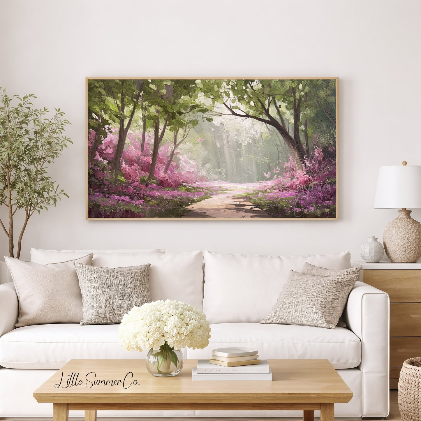 Flowering Forest Path Frame TV Art displayed on a TV