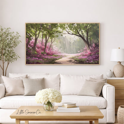Flowering Forest Path Frame TV Art displayed on a TV