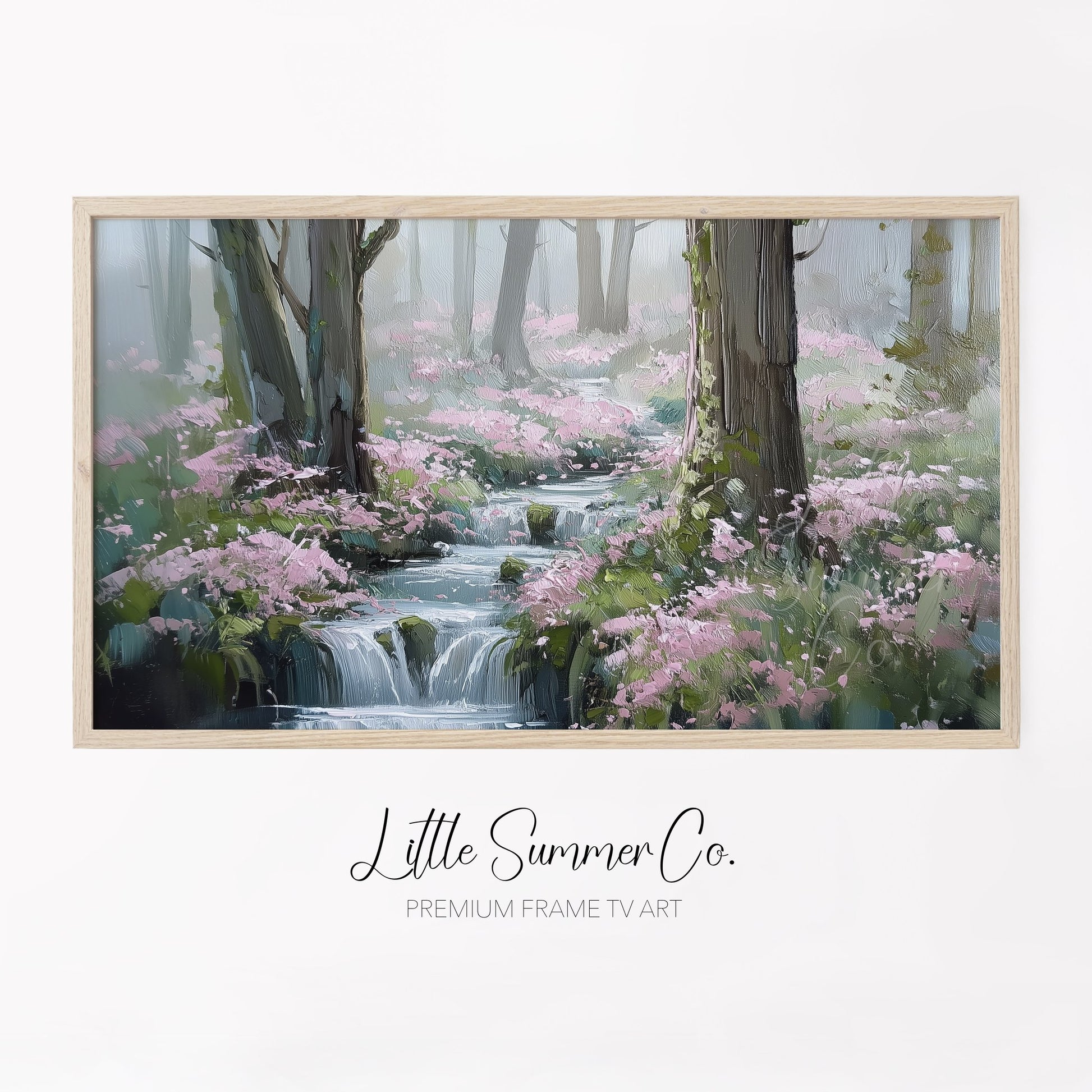 Forest Stream and Blossoms Frame TV Art displayed on a TV
