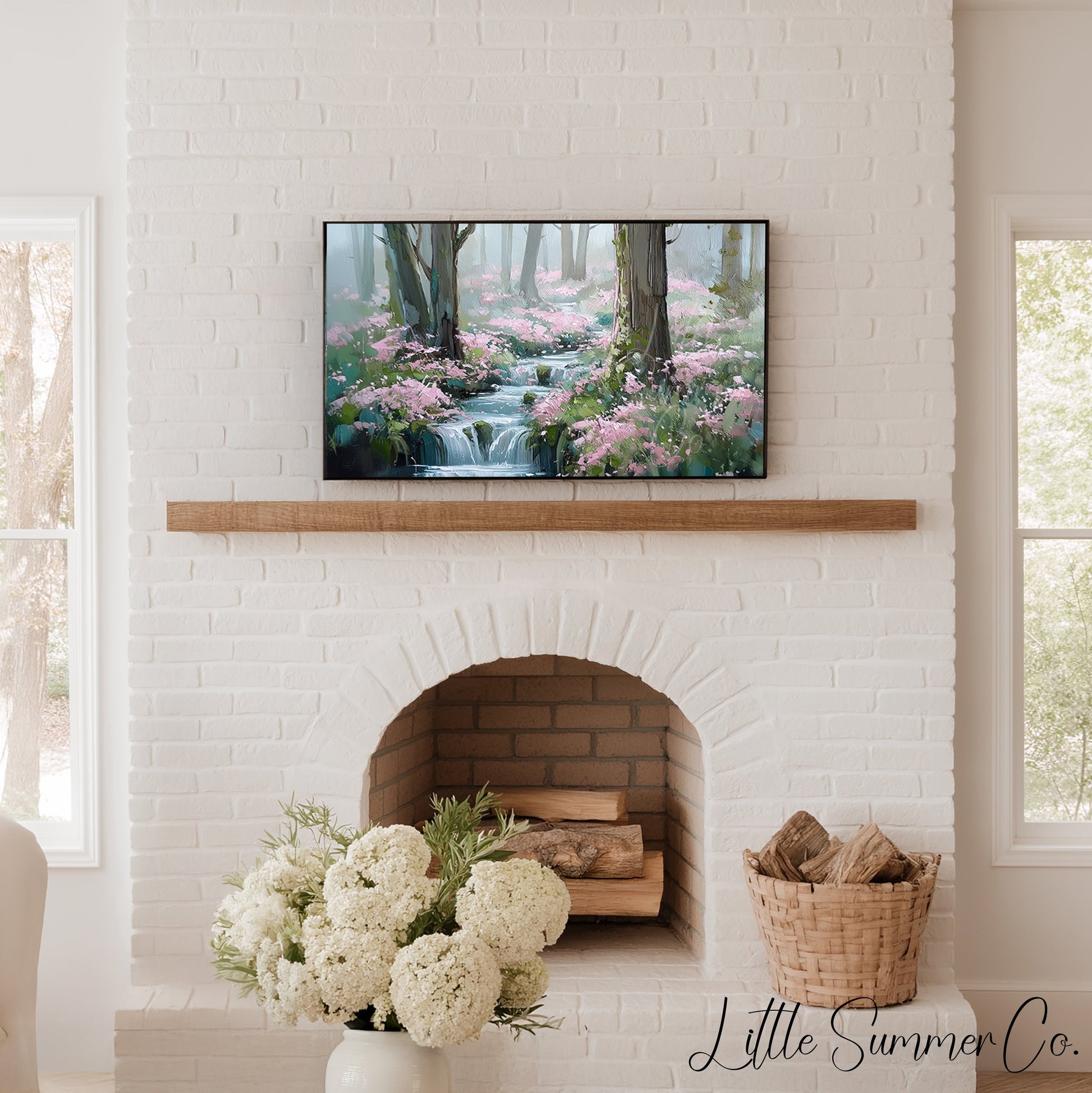 Forest Stream and Blossoms Frame TV Art displayed on a TV