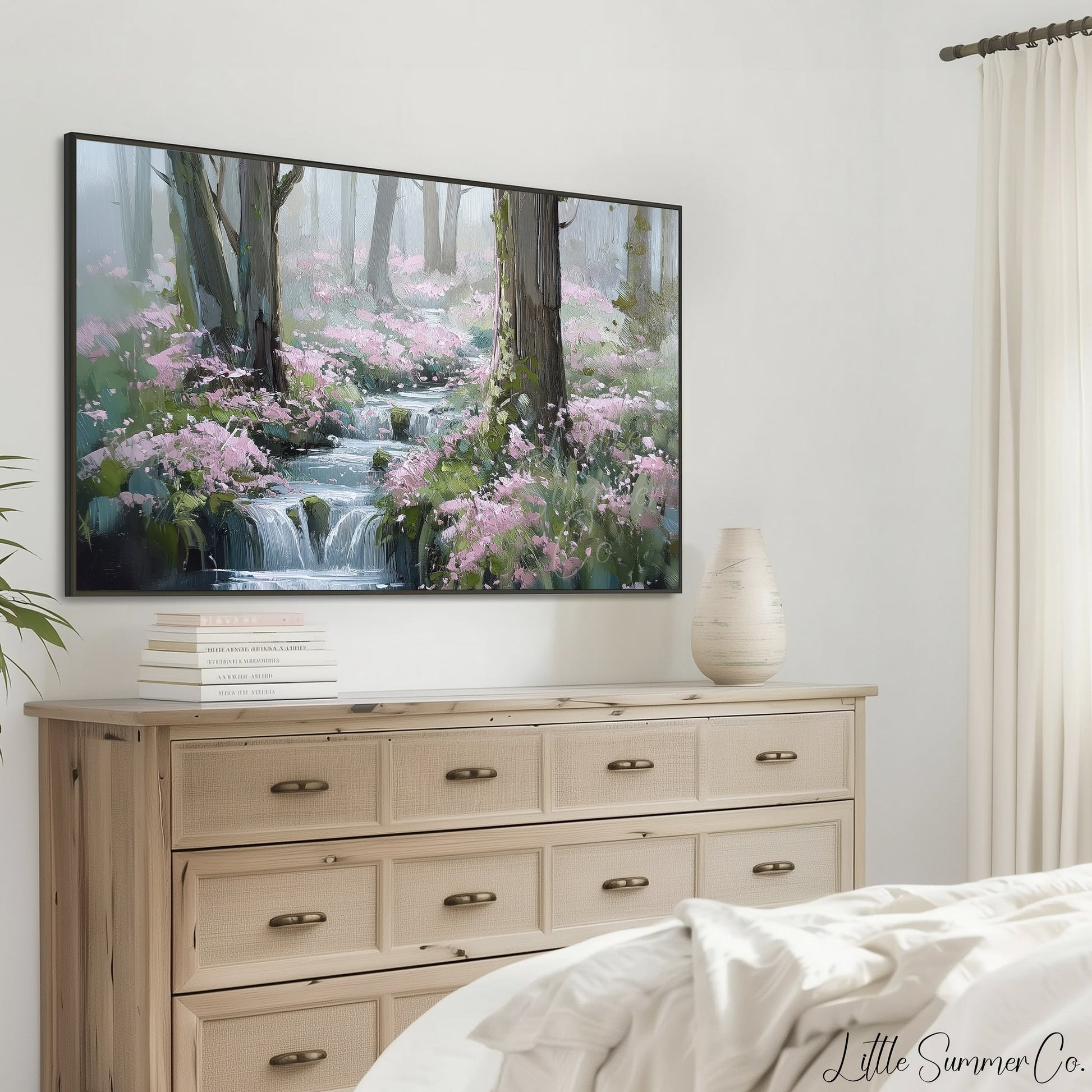 Forest Stream and Blossoms Frame TV Art displayed on a TV