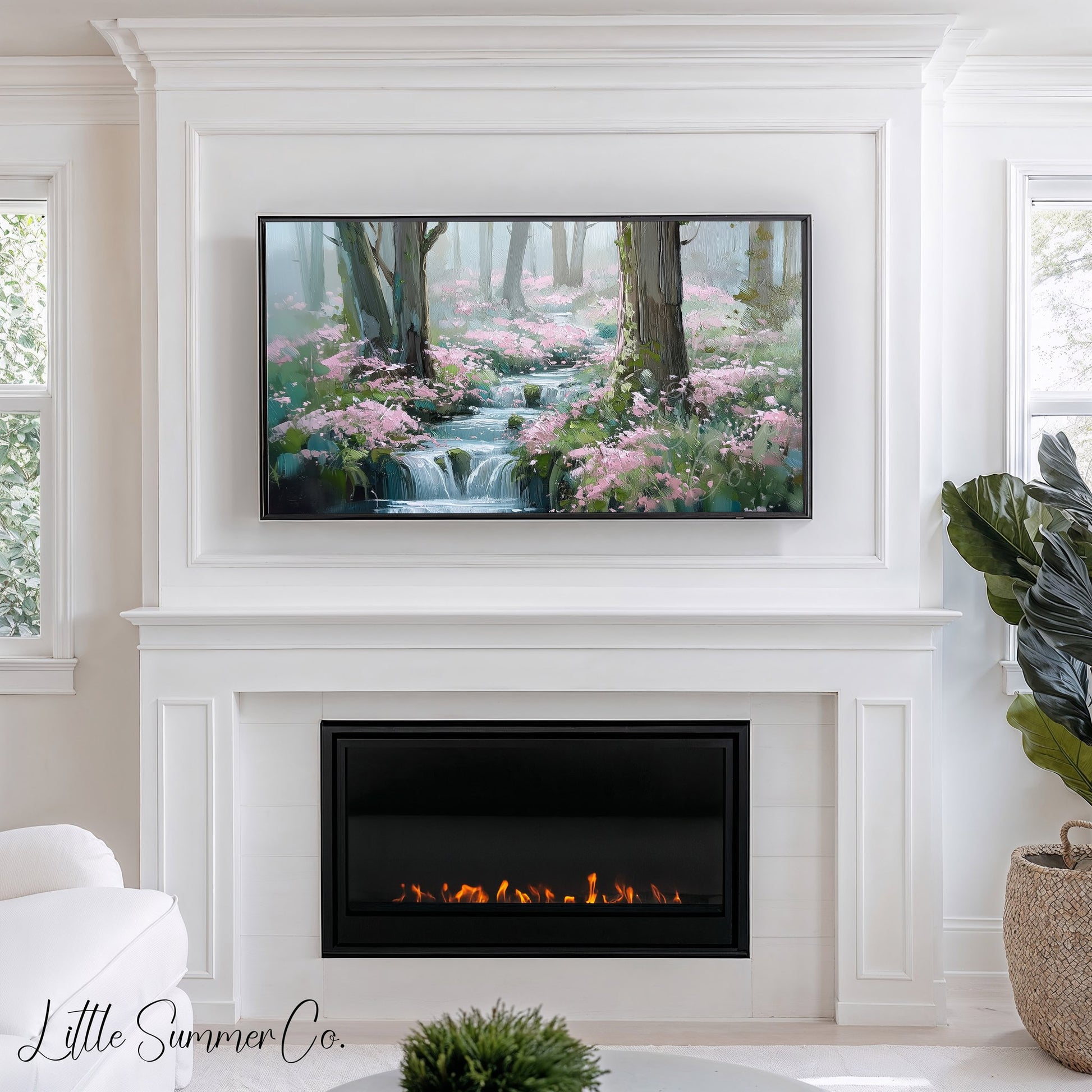 Forest Stream and Blossoms Frame TV Art displayed on a TV