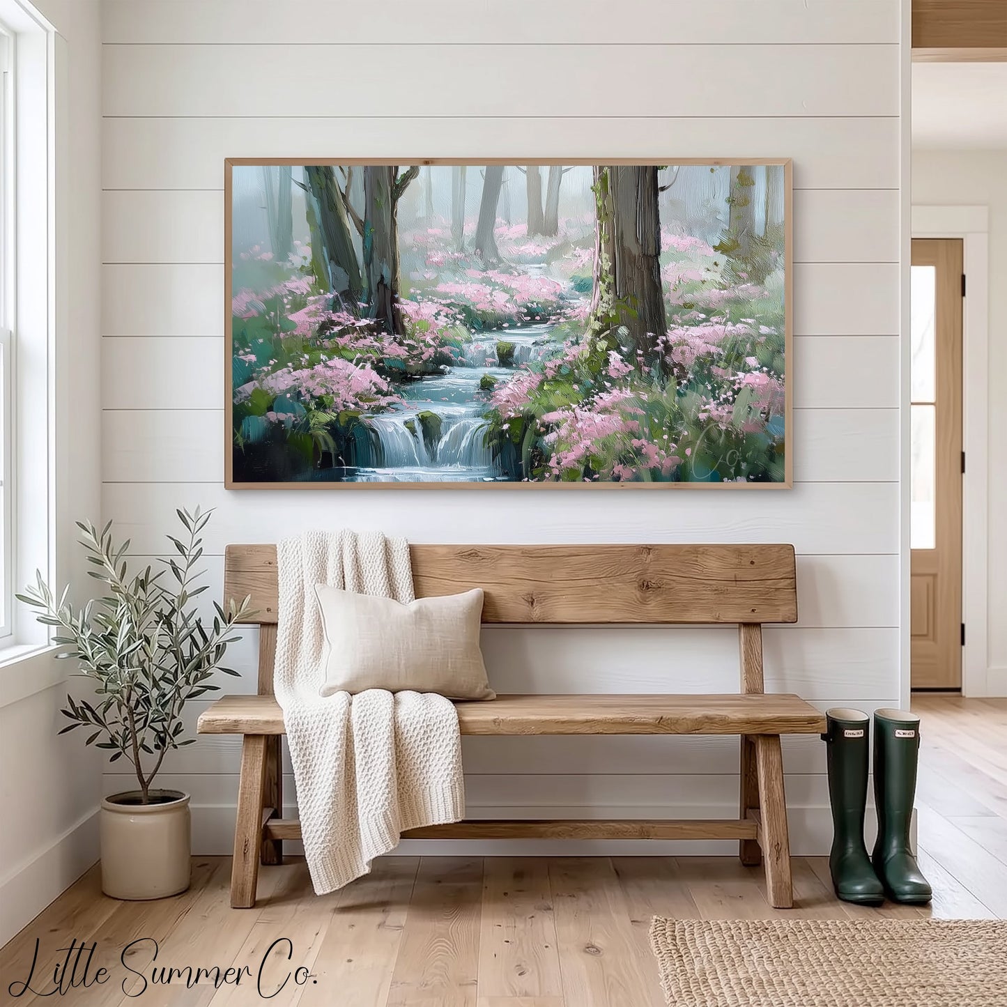 Forest Stream and Blossoms Frame TV Art displayed on a TV