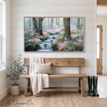 Forest Stream and Blossoms Frame TV Art displayed on a TV