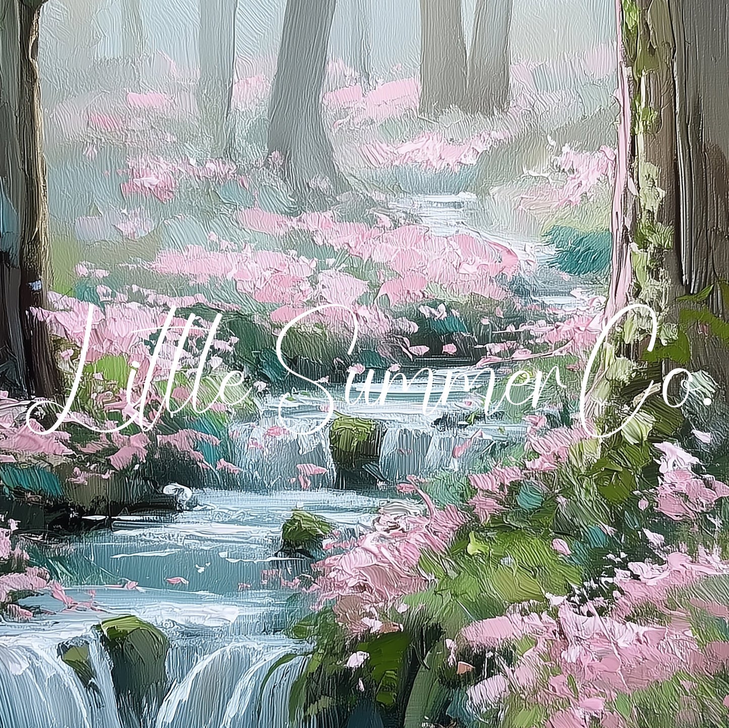 Forest Stream and Blossoms Frame TV Art displayed on a TV