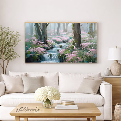 Forest Stream and Blossoms Frame TV Art displayed on a TV