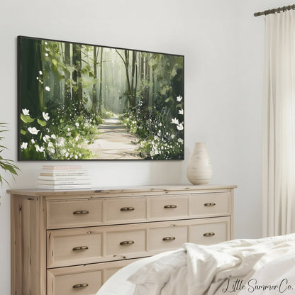 Woodland Flower Path Frame TV Art displayed on a TV