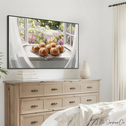 Fresh Hot Cross Buns Frame TV Art displayed on a TV