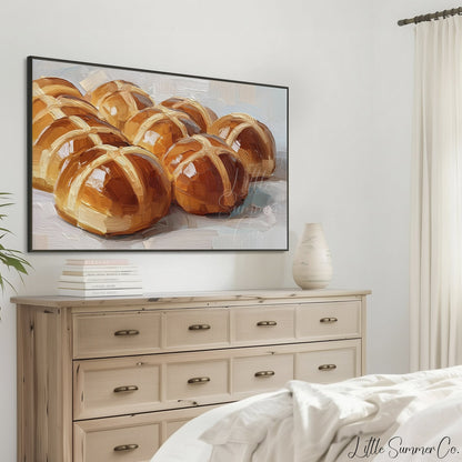Hot Cross Buns Warm Frame TV Art displayed on a TV