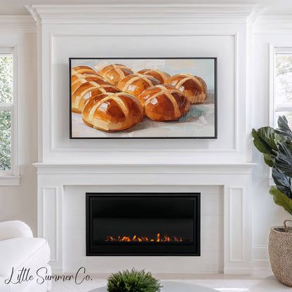 Hot Cross Buns Warm Frame TV Art displayed on a TV