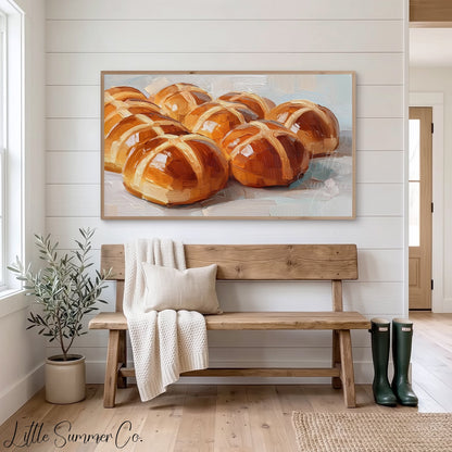 Hot Cross Buns Warm Frame TV Art displayed on a TV