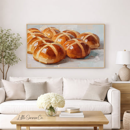 Hot Cross Buns Warm Frame TV Art displayed on a TV