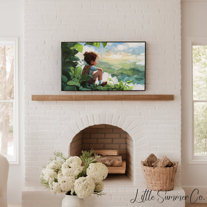 Boy Gazing Over Valley Frame TV Art displayed on a TV