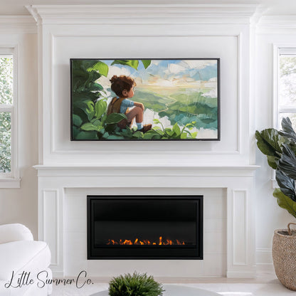 Boy Gazing Over Valley Frame TV Art displayed on a TV
