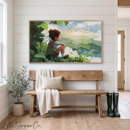 Boy Gazing Over Valley Frame TV Art displayed on a TV