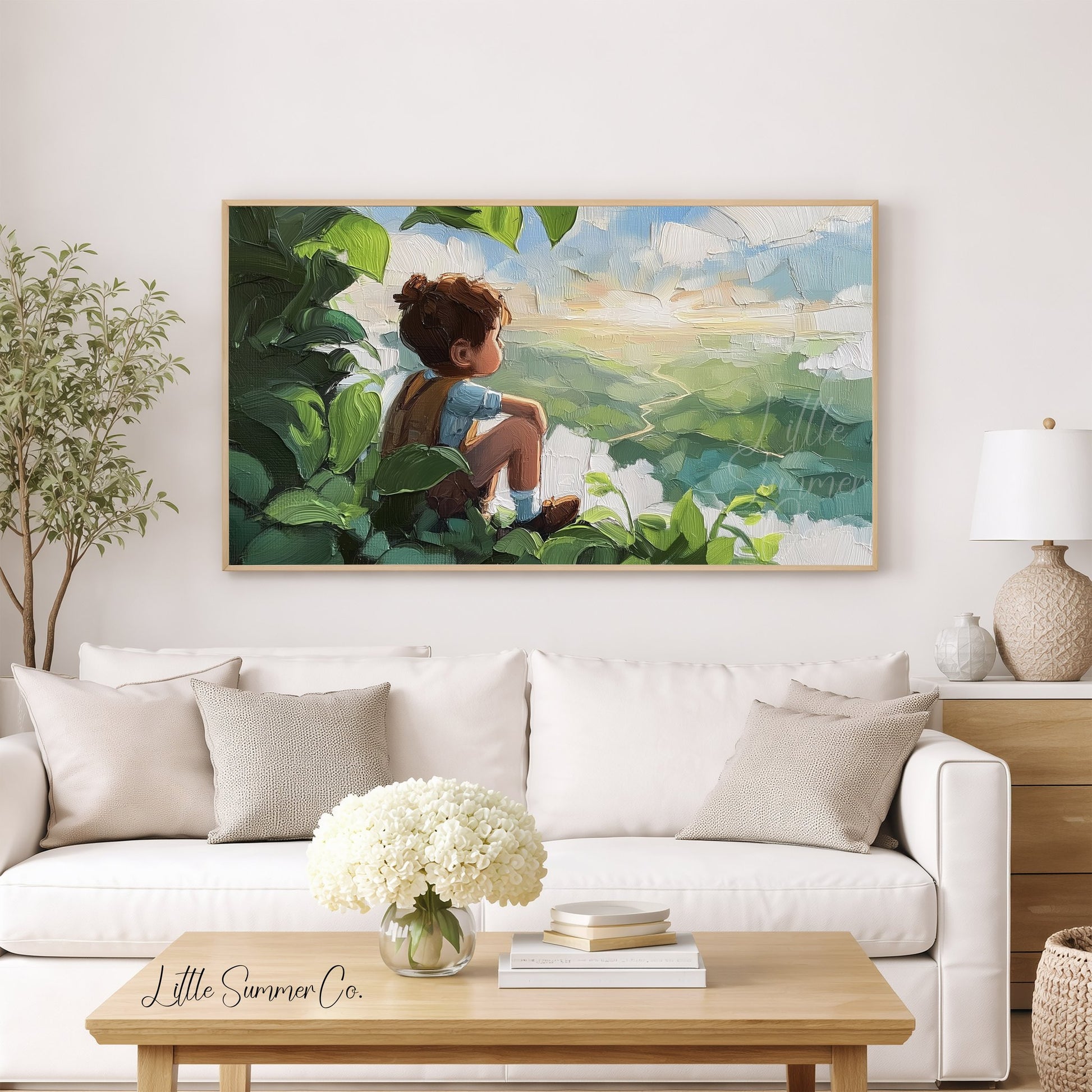 Boy Gazing Over Valley Frame TV Art displayed on a TV