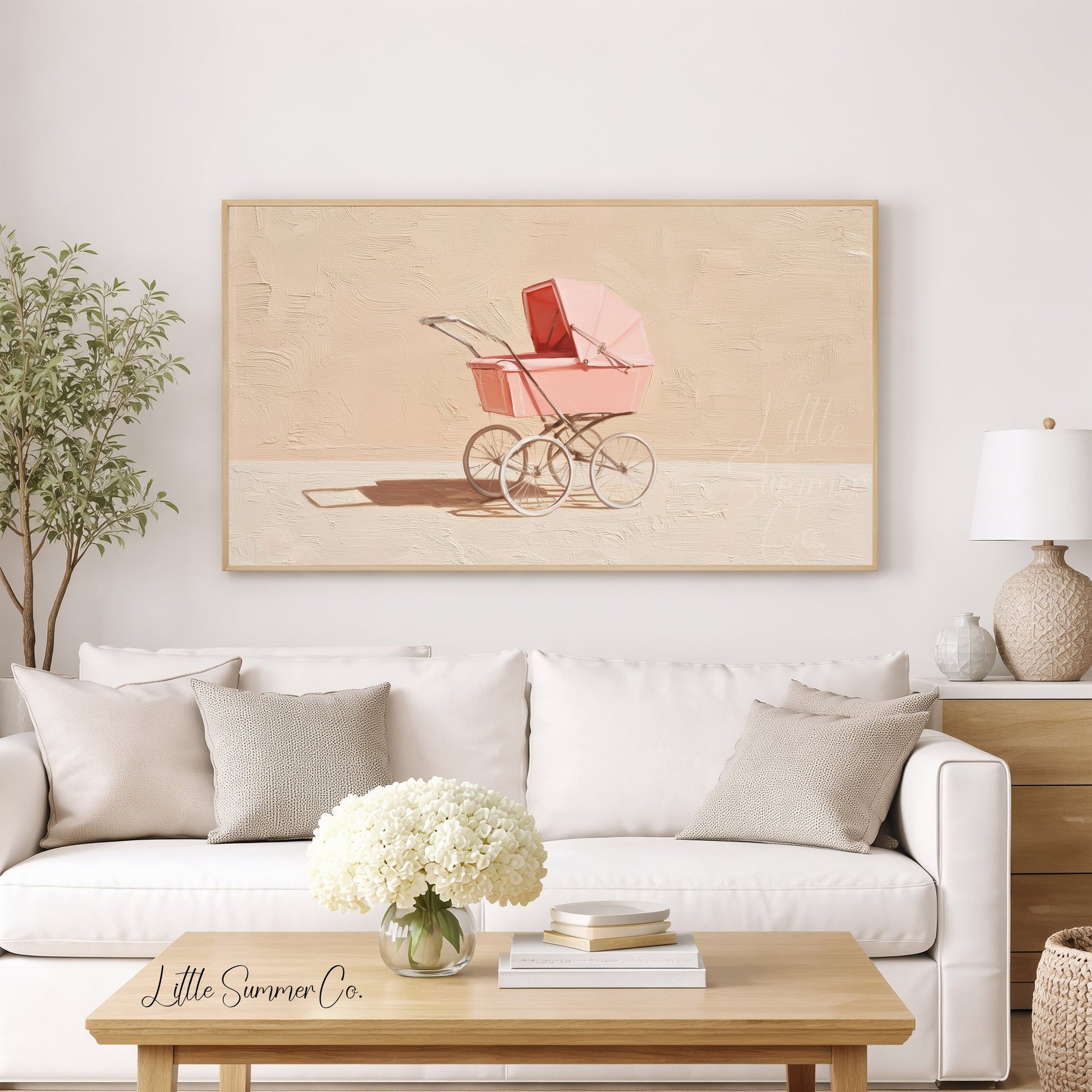 Pink Baby Pram Frame TV Art displayed on a TV