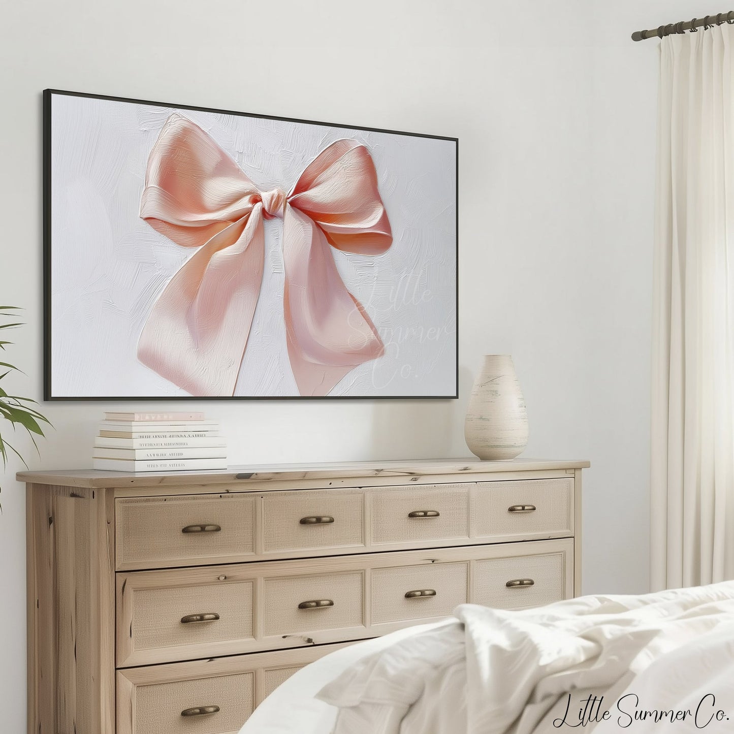 Pink Satin Ribbon Bow Frame TV Art displayed on a TV