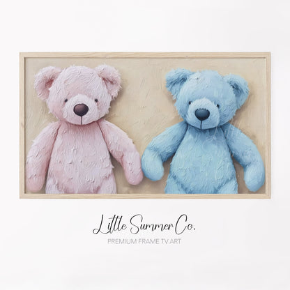 Pink and Blue Teddy Bears Frame TV Art displayed on a TV
