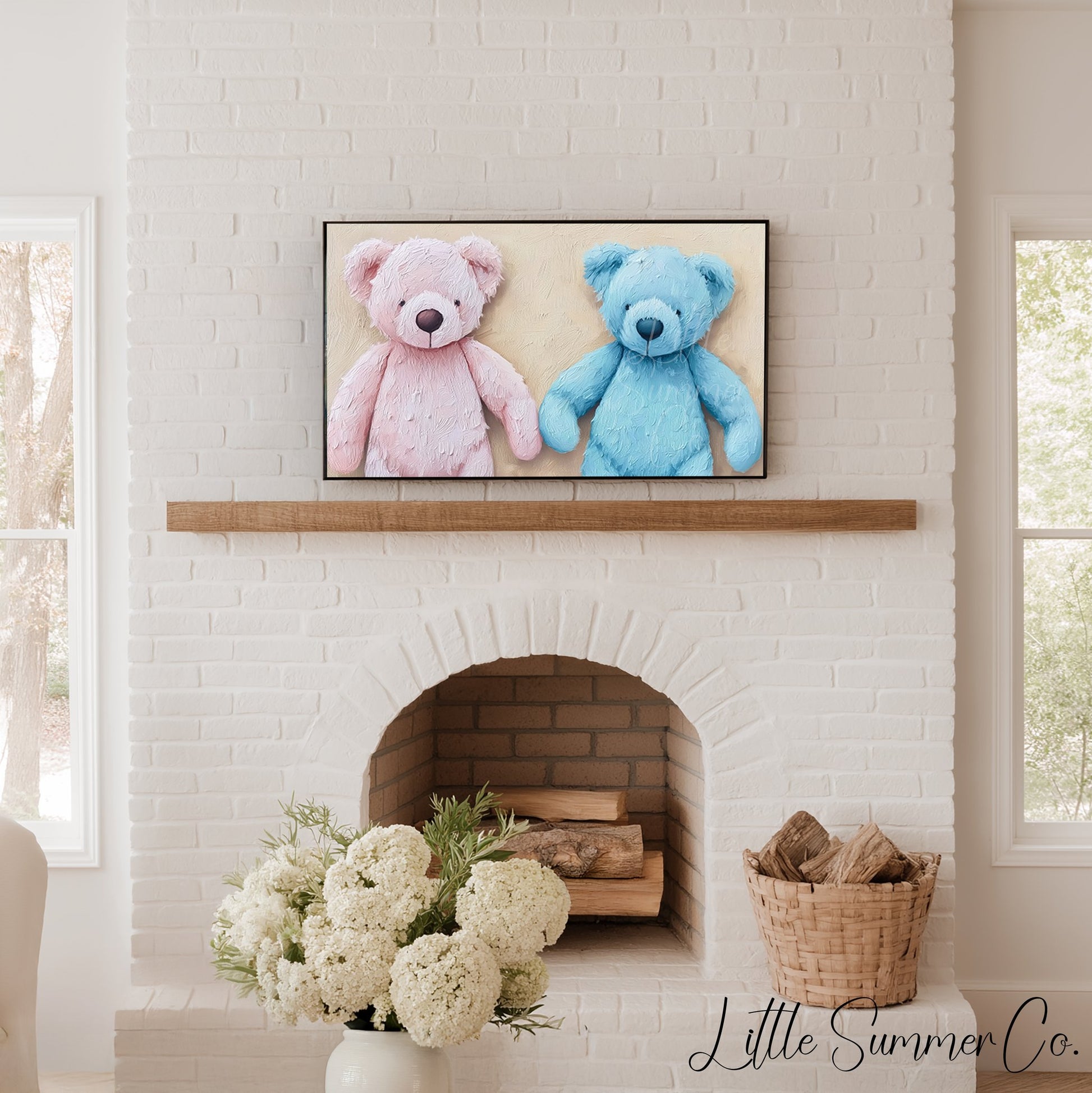 Pink and Blue Teddy Bears Frame TV Art displayed on a TV
