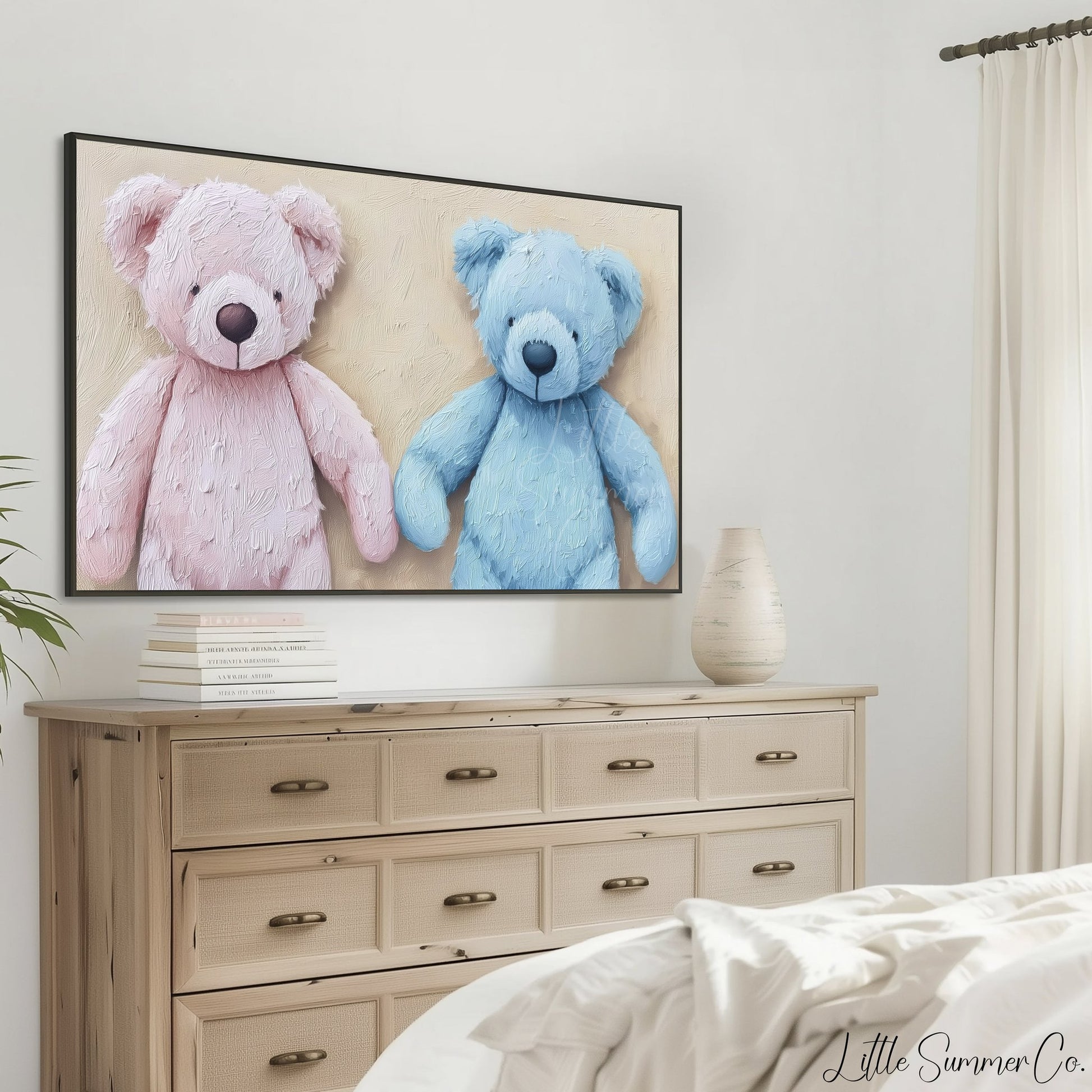 Pink and Blue Teddy Bears Frame TV Art displayed on a TV
